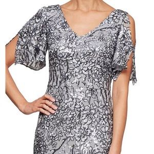 Floral Sequin Cold Shoulder Short Flutter Sleeve V-Neck Sheath Long Gown